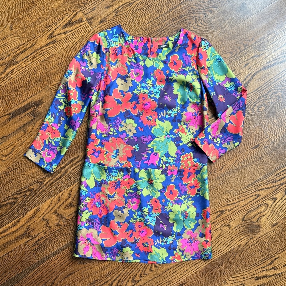Vibrant J Crew Silk Floral Shift Dress in Bold Multi-Color